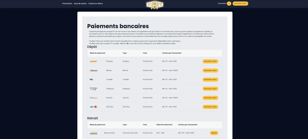 Europe 777 Modes paiement