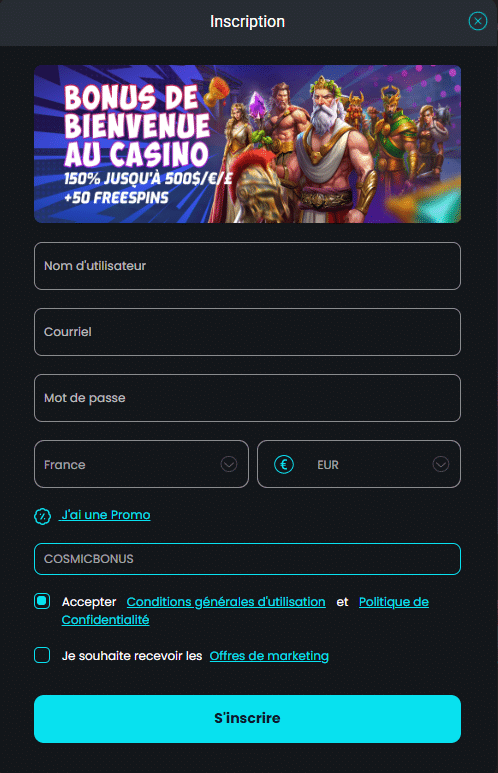 inscription code bonus Cosmobet Casino