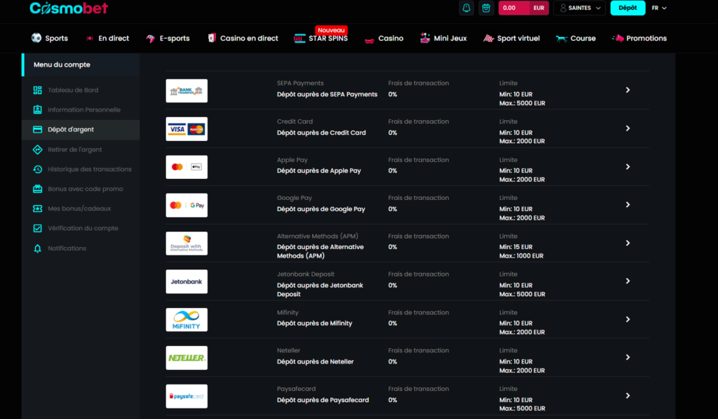 options de paiement cosmobet