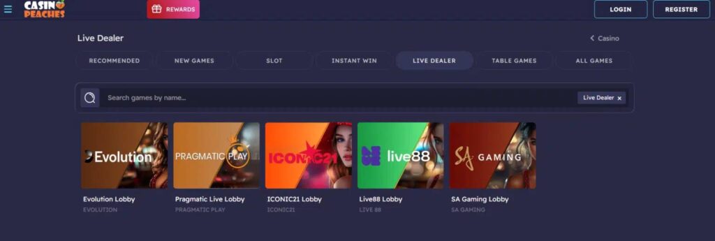 live dealer sur casino peaches
