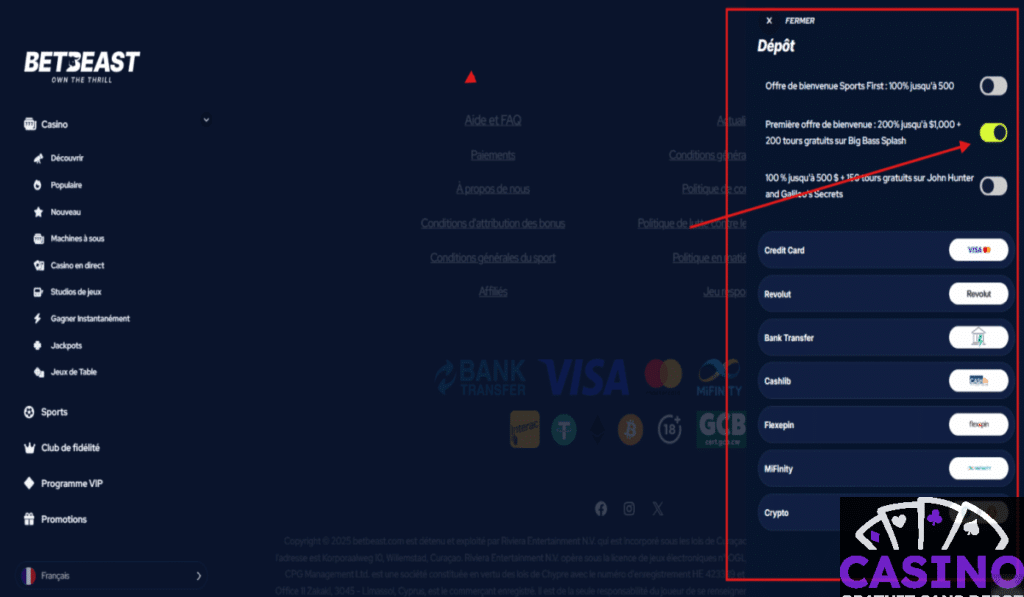 BetBeat faire un dépôt étape 2